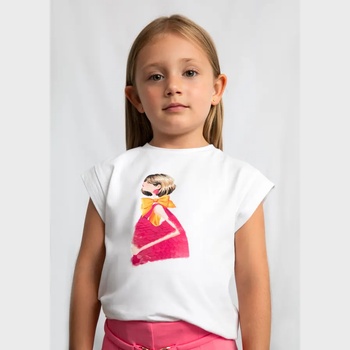 MAYORAL Бяла тениска къс ръкав с щампа в динен цвят за мини момиче Mayoral