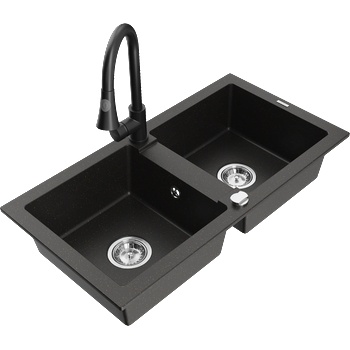 Mexen Mario кухненска мивка от гранит с две отделения и кухненски смесител Elia, черен/златен металик - 6504-75-670101-70 (6504-75-670101-70)