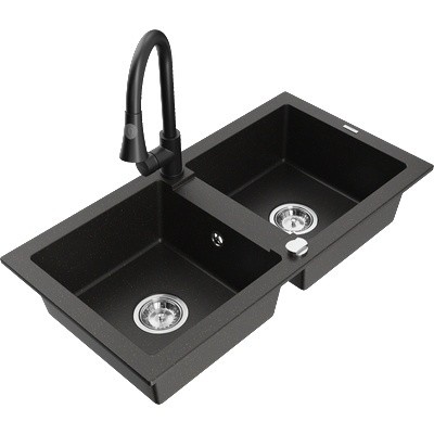 Mexen Mario кухненска мивка от гранит с две отделения и кухненски смесител Elia, черен/златен металик - 6504-75-670101-70 (6504-75-670101-70)