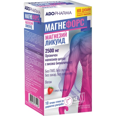 Abo Pharma Магнефорс Ликуид, 2500 mg магнезиев цитрат, с вкус на ягода, 10 + 2 стика, Abo Pharma (10046576)