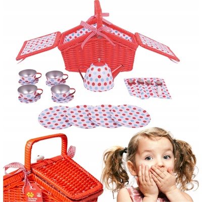Bigjigs Toys čajová puntikovaná sada v piknikovém koši