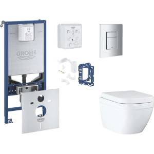 GROHE Rapid SLX - Комплект за предстенна инсталация, тоалетна, седалка SoftClose, бутони Skate Cosmopolitan и комплект за поставяне на таблет, Triple Vortex, матов хром SANI11BB2128 (SANI11BB2128)