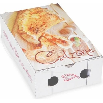 Krabice na pizzu (mikrovlnitá lepenka) R4 Calzone bílá s potiskem 17 x 28 x 7,5 cm [100 ks]