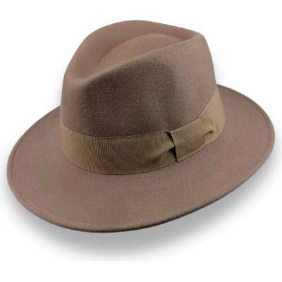 Plstěný klobouk s béžovou stuhou klopená krempa Fa-49136 béžový