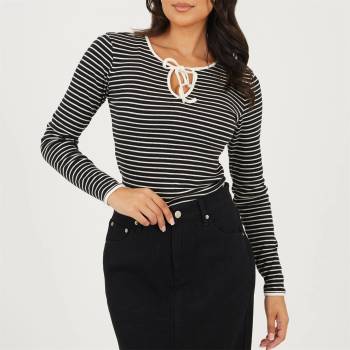 Brave Soul Дамска фланелка с дълъг ръкав Brave Soul Womens Ribbed Long Sleeve Striped Top with Tie Detail - Black/Cream