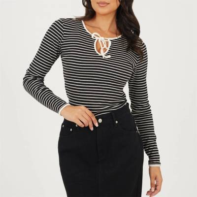 Brave Soul Дамска фланелка с дълъг ръкав Brave Soul Womens Ribbed Long Sleeve Striped Top with Tie Detail - Black/Cream
