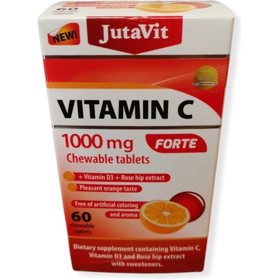 Jutavit Vitamín C 1000 mg Forte + Vitamín D3 + extrakt zo šípok pomarančová príchuť 60 žuvacích tabliet
