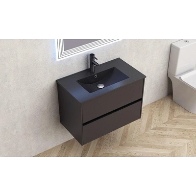 Inter Ceramic Долен шкаф за баня 80 см, конзолен, с порцеланова мивка, черен мат (bg7955mb+УМИВ.8066b black)