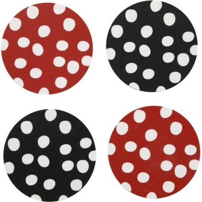 Klippan Švédsko Tácky pod skleničky Polka dots red black 4ks 9x9cm