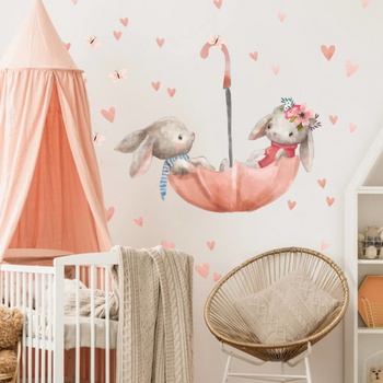 INSPIO Nálepka Akvarelové nálepky na stenu - Zajačiky na dáždniku zvieratá, akvarelové nálepky ružová, plnofarebný motív rozmery 90x100
