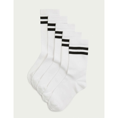 Marks & Spencer Ивичести спортни чорапи с висок дял памук, комплект 5 чифта (6 малки - 7 големи) Marks & Spencer бял Marks & Spencer | Byal | Момчешки | 6-8+
