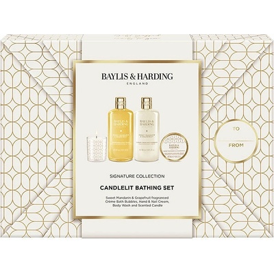 Baylis & Harding Sweet Mandarin & Grapefruit luxusný sprchový gél 300 ml + krémová pena do kúpeľa 300 ml + krém na ruky a nechty 50 ml + Sviečka 60 g kozmetická sada