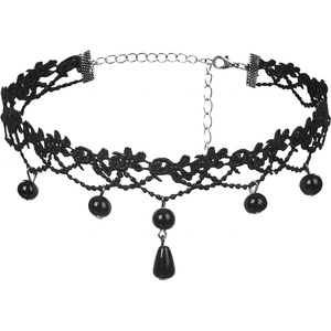 SuperLove Sexy Lace Floral Bead Pendant Choker Black