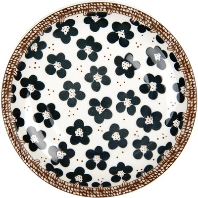 Černo-bílý snídaňový talíř s kytičkami a hnědým okrajem Adam – 21x3 cm