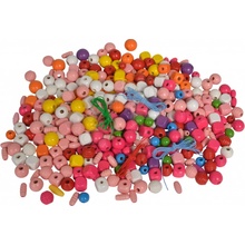 Eichhorn drevené koráliky na navliekanie Wooden Bead Set in Bucket rôznych farieb a tvarov so šnúrkou a ukončením cca 360 dielov
