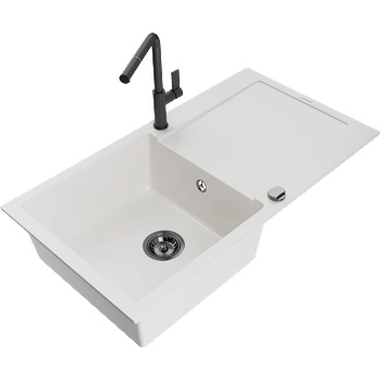 Mexen Leo Гранитна мивка 1-коморна с отцедник и кухненски смесител Flora, бял - 6501-20-670401-70-B (6501-20-670401-70-B)