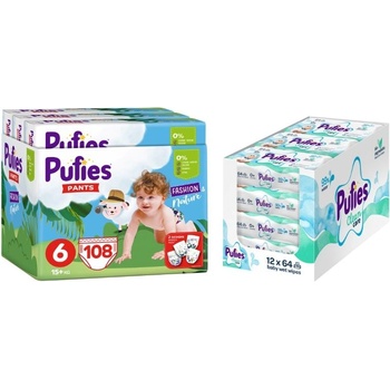 pufies Пелени гащи Pufies Fashion & Nature - Размер 6, 15+ kg, 108 броя + мокри кърпи Pufies Clean Care - 12 x 64 броя (3800024036132+13800024027540)