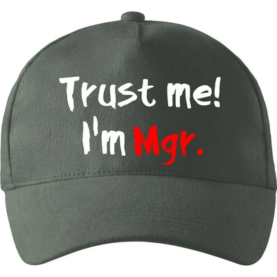 Trust me I´m Mgr. / Ver mi som Magister. so zahnutým šiltom a mosaznou sponou Tm. bridlica šedozelená