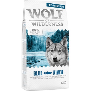Wolf of Wilderness 12кг Adult Blue River Wolf of Wilderness, суха храна за кучета- свободноотглеждани пилета и сьомга