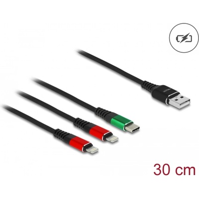 Delock 30 см дълъг USB кабел за зареждане 3-в-1 тип А за 2 x Lightning и USB Type-C връзка
