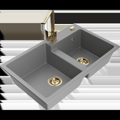 Tomas гранитна кухненска мивка с 2 камери с кухненски смесител Rita, сив - 6516-71-670300-50 (6516-71-670300-50)