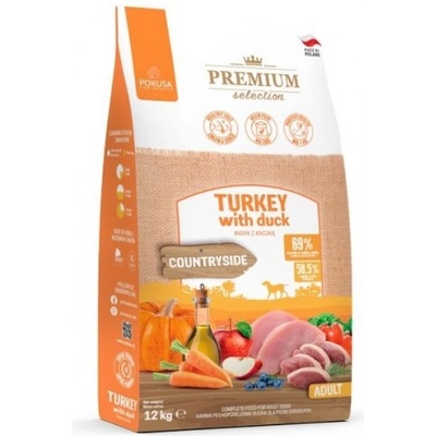 POKUSA Premium Selection Countryside - храна за пораснали кучета от средни и едри породи, хипоалергенна формула, без зърно, с пуешко и патешко, 12 кг - Полша