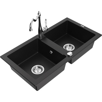 Mexen Mario гранитна двойна мивка с кухненски смесител Carla, черен - 6504-77-670700-00 (6504-77-670700-00)