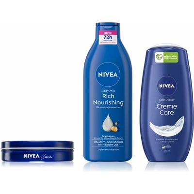 Nivea Creme krém 150 ml + výživné tělové mléko 400 ml + pečující sprchový gel 250 ml kosmetická sada