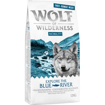 Wolf of Wilderness 2x12кг Explore The Blue River Mobility Wolf of Wilderness суха храна за кучета -свободноотглеждани пилета и сьомга