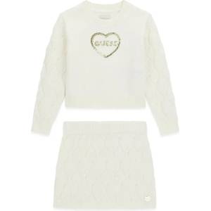 Guess Детски луксозен плетен комплект Guess от две части - къс пуловер и пола в цвят екрю