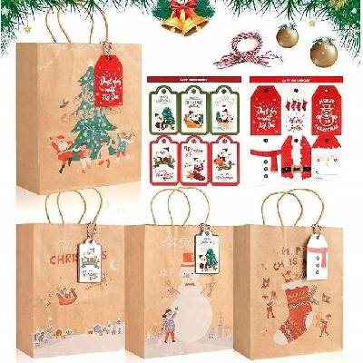 žiadna značka Papierové tašky s potlačou na vianočné darčeky 23x18x9,5cm 12ks Kraft