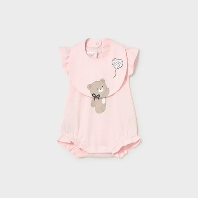 Mayoral Комплект къс гащеризон и лигавник бебешко розово за новородено момиче с мече Mayoral