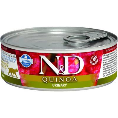 N&D Quinoa Cat Urinary ADULT GRAIN FREE - консерва за котки в зряла възраст над 1 година, намаляване на повторната поява на струвити камъни и заболявания на долните пикочни пътища, БЕЗ ЗЪРНО, 80 гр Италия PND080021