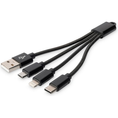 ASSMANN Кабел ASSMANN DB-300160-002-S, от USB A(м) към Lightning(м)/USB C(м)/microUSB(м), 0.15m, черен (DB-300160-002-S)