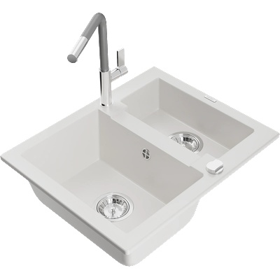 Mexen Carlos гранитна мивка 1, 5-коморна с кухненски смесител Flora, бял - 6518-20-670401-06 (6518-20-670401-06)