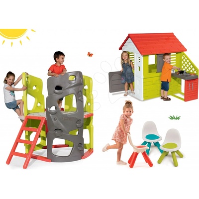Smoby Set preliezačka Multi-Activity Tower na šplhanie so šmykľavkou+domček Pretty Nature s kuchynkou s 3 stoličkami KidChair SM840201-5