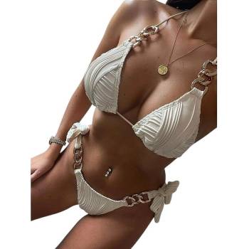 Дамски бански в бежово с вериги в златисто