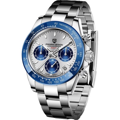 Pagani Design Мъжки часовник Pagani Design Scopic, Кварцов, Неръждаема стомана, Хронограф, Сребрист / Син (PD-1644-SILVER-BLUE)