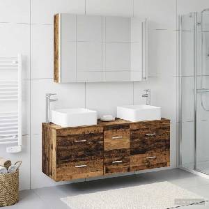 vidaXL Комплект мебели за баня 4 бр. Старо дърво (3406789)