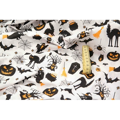Bavlnené plátno - halloweenská tematika na bielom podklade - šírka 160 cm