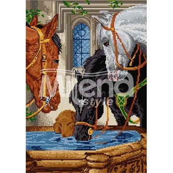 Image 1 of Milena Style Коне на водопой - гоблен с щампа с конци Ariadna