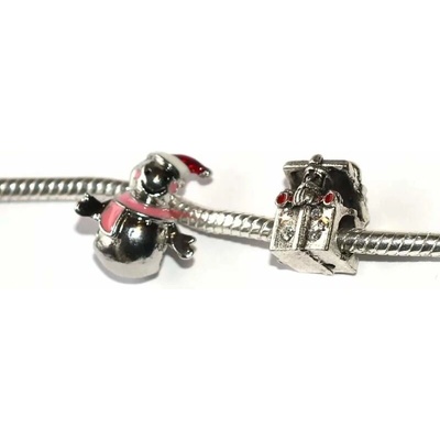 Korálek Fashion Jewerly na náramek nebo řetízek Sněhulák a Dárek se Santou 3613