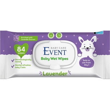 Event Бебешки влажни кърпи с капак Event - С екстракт от лавандула, 84 броя (2EVBE04104LVD0084A)