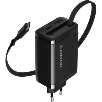 CANYON charger OnCharge 65RC Build-In Cable USB-C 65W 1xPD 1xQC EU Black (CNS-CURC65ACB)