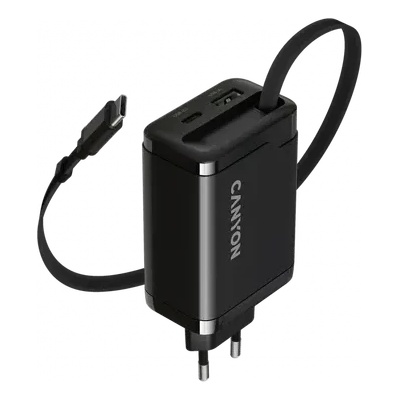 CANYON charger OnCharge 65RC Build-In Cable USB-C 65W 1xPD 1xQC EU Black (CNS-CURC65ACB)