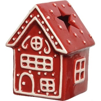 Vánoční dekorace porcelánový domeček na svíčku červený 9x9x12 cm 3