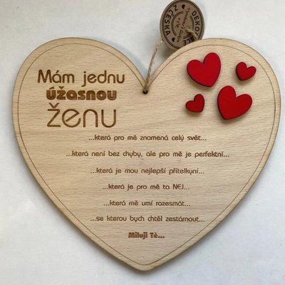 Dekorace z Česka Dřevěné srdce 20 cm Úžasná žena (2 varianty) Ozdobeno: Srdíčky, Varianta: Bez podpisu