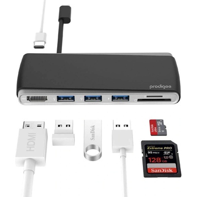 Prodigee USB-C Multi Hub - мултифункционален хъб за свързване на допълнителна периферия за компютри с USB-C (тъмносив)