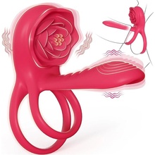 SuperLove Vibrating Cock Ring Sleeve with Rose Clitoral Stimulator Red