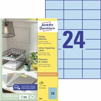 Etikety farebné 70x37mm Avery A4 100 hárkov modré